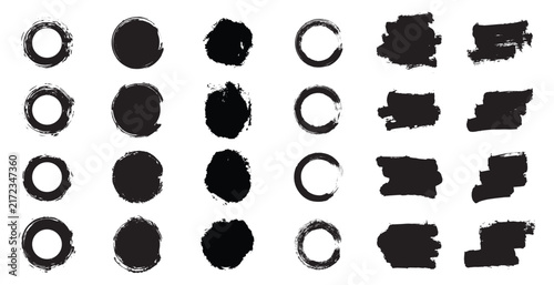 Hand drawn grunge circle brush stroke. Ink Shape Icon Set. Grunge round shapes. Paint brush stroke and abstract grunge banner. Vector illustration.