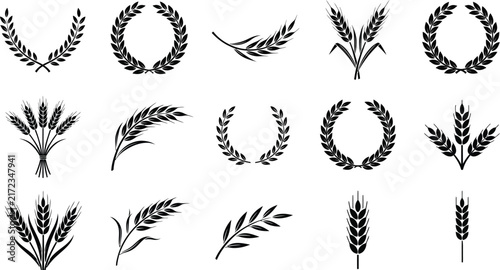 Set of wheat ears silhouettes and wreaths agricultural symbols isolated on a white background with silhouette