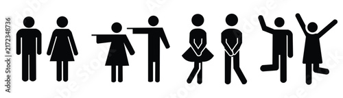 People stick figure icon set showing various poses including standing pointing urgent need restroom and jumping with joy vector illustration