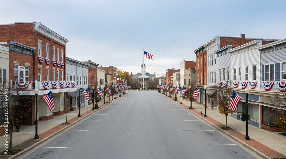 Fototapeta premium A quiet street in a historic american small town featuring brick buildings and patriotic decorations on a cloudy day