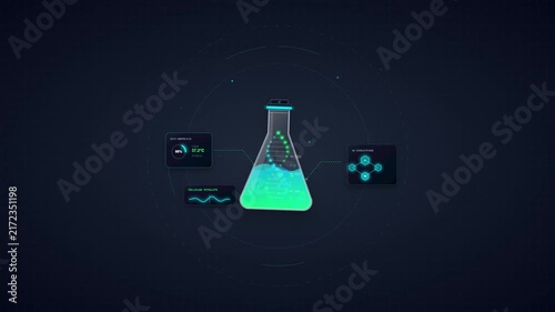 Futuristic Laboratory Flask with Digital DNA Analysis and Holographic Data