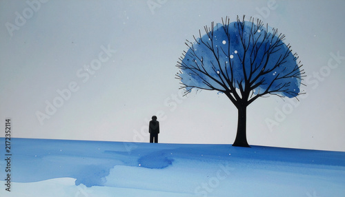 Minimalist lonely man solitary blue hilltop tree