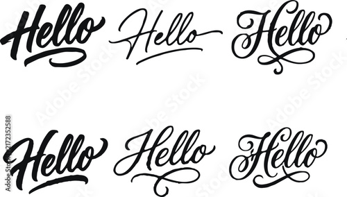 Set of six different hand written calligraphy hello word designs isolated on a white background