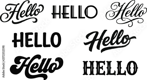 Collection of various hello word designs with different creative typography and artistic font styles isolated on white background