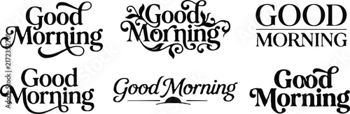 Set of six different artistic good morning lettering designs in black isolated on a white background