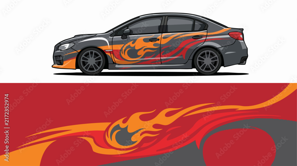 Naklejka premium Gray sedan with vibrant flame decal and alloy wheels