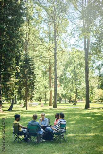 Vertical image of diverse group of adults sitting in circle on folding chairs during outdoor psychotherapy session in park, promoting mental health and community support services