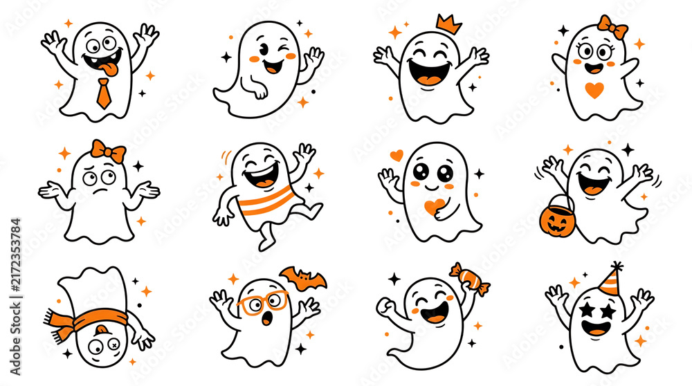 Fototapeta premium Set of cute cartoon ghosts for halloween isolated on transparent background, Halloween, Halloween 2026, Halloween png, Halloween element