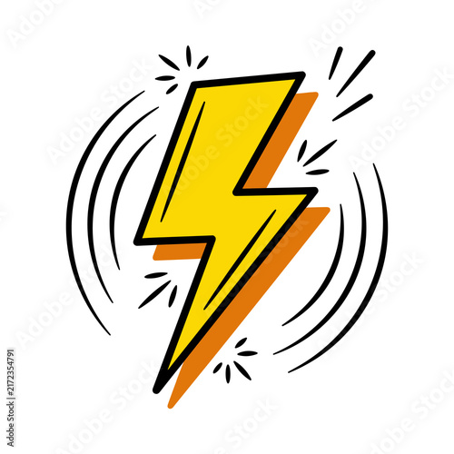 Comic book lightning strike icon with motion lines and orange shadow flat graphic element