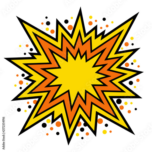 Vector comic explosion burst with orange yellow colors and dark circular particle effects