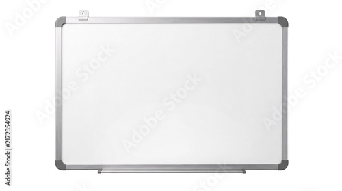Photography Empty whiteboard with silver metal frame and hanging isolated on png transparent