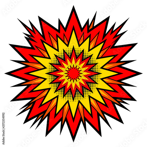 Explosion speech bubble design with comic style halftone pattern and vibrant color scheme