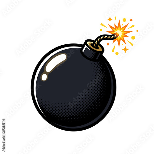 Black cartoon bomb with lit fuse and explosion graphic featuring halftone texture pattern
