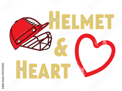 Red and gold cricket illustration featuring cricket batting helmet paired with an open heart outline. A bold cricket design perfect for t-shirt and hoodie merchandise.