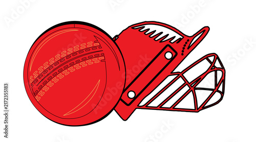 Red and gold cricket illustration featuring two crossed cricket balls layered with a batting helmet. A bold cricket set perfect for party banner and gift tag merchandise.