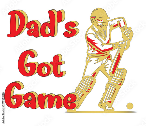 Red and golden cricket illustration featuring a batsman silhouette beside a Dad's Got Game quote. A lively cricket graphic set perfect for gift tag and keychain merchandise.