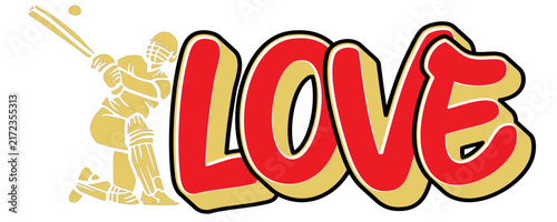 Red and golden cricket illustration featuring a bold LOVE word mark for cricket fans. A playful cricket set perfect for party banner and gift tag merchandise.