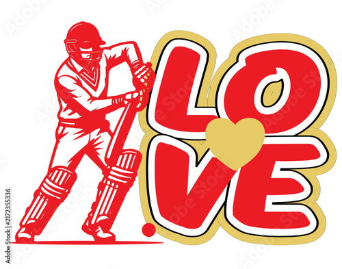 Crimson and gold cricket illustration featuring a bold LOVE word mark for cricket fans. A vibrant cricket graphic set perfect for t-shirt and hoodie merchandise.