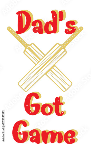 Red and gold cricket illustration featuring crossed cricket bats beside a Dad's Got Game quote. A spunky cricket design perfect for Father's Day card and dad's mug merchandise.