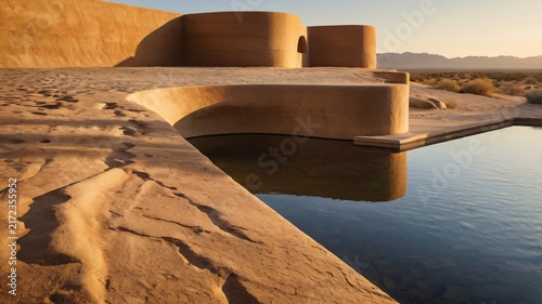 Minimalist desert architecture with a curved pool reflecting warm sunset light