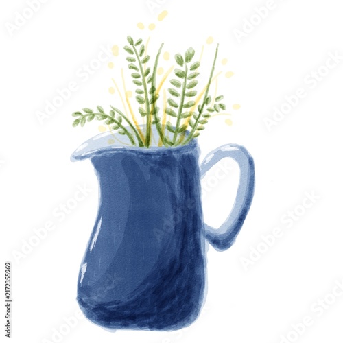 A blue ceramic pitcher holding delicate green foliage, combining rustic kitchenware with a simple botanical arrangement on a white background.