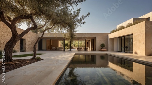 Luxury Minimalist Villa Courtyard Featuring Ancient Olive Tree and Reflective Swimming Pool