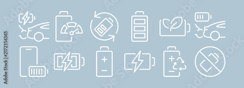 Car battery icons, collision damage symbols, charging bolt indicators, plus minus terminal marks, recycling arrows, no return warranty signs, automotive maintenance elements, service diagnostic set.