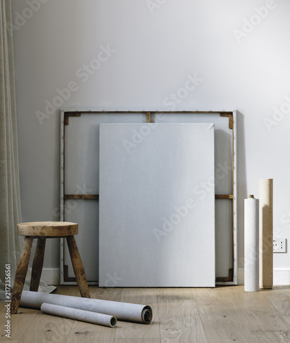Canvas Mockup in Artist Studio, 3D Render