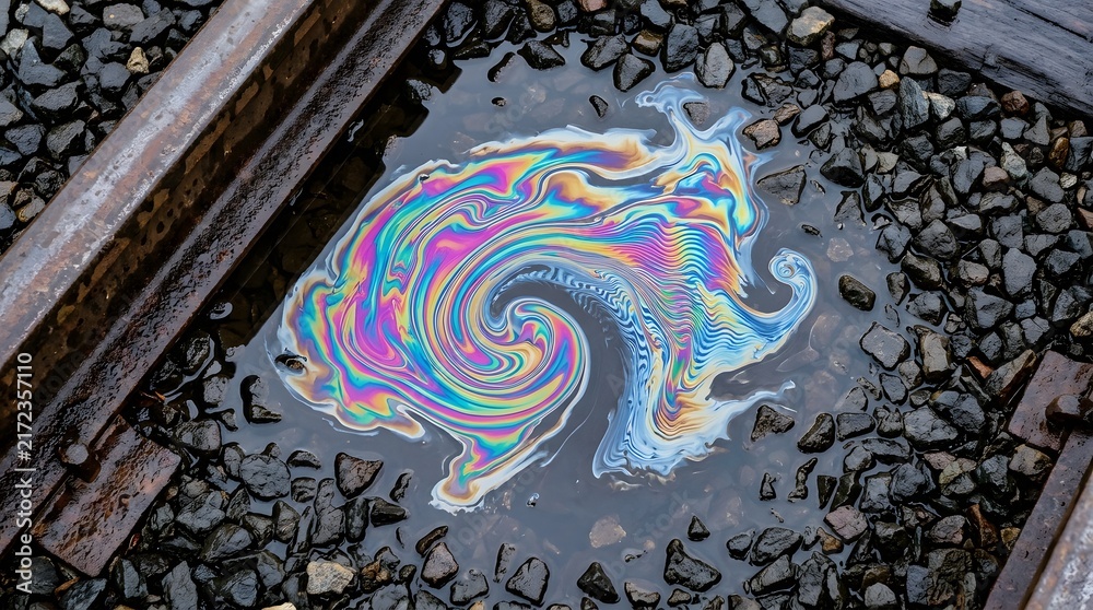 Naklejka premium Colorful iridescent oil sheen floating in water puddle on railroad track ballast for environmental pollution reporting and industrial waste awareness campaign
