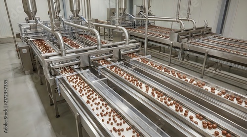 Industrial chocolate production line with conveyor belts and automated machinery in a clean food