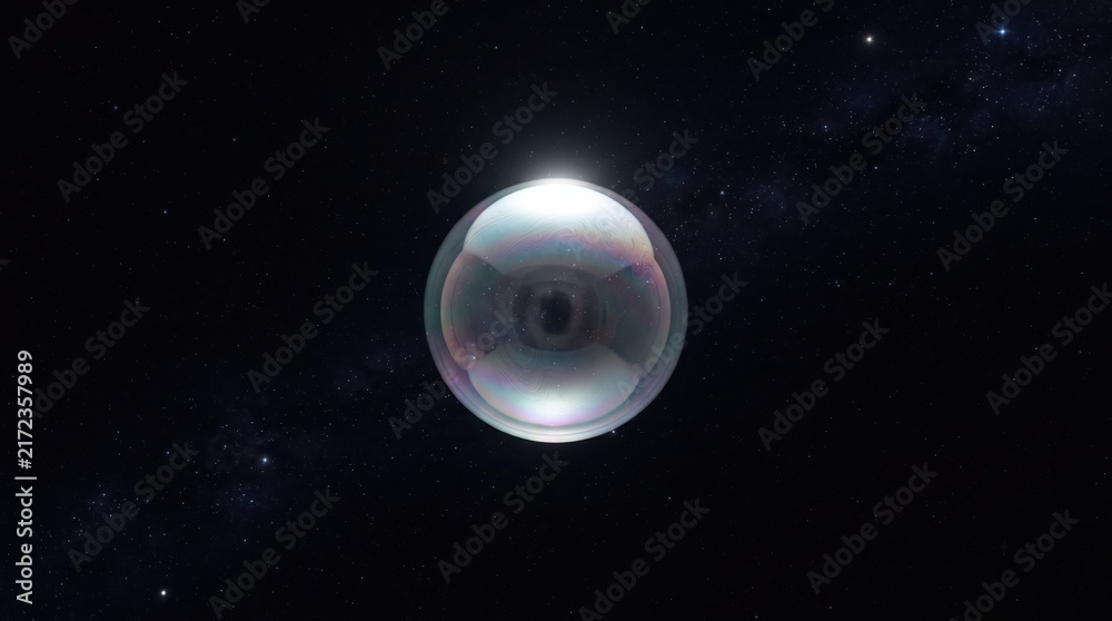 Fototapeta premium Transparent bubble floating in outer space with subtle rainbow reflections on its surface against a dark starry sky background.