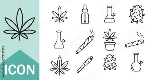 Marijuana leaf, bong, joint, and bud icon set for cannabis