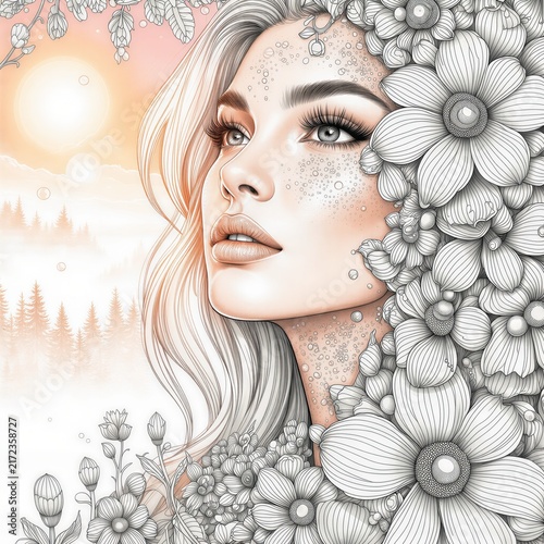 Elegant woman surrounded by flowers with a serene sunset background  
