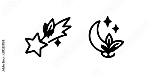 Black silhouette icons of star with leaves and crescent moon with flower
