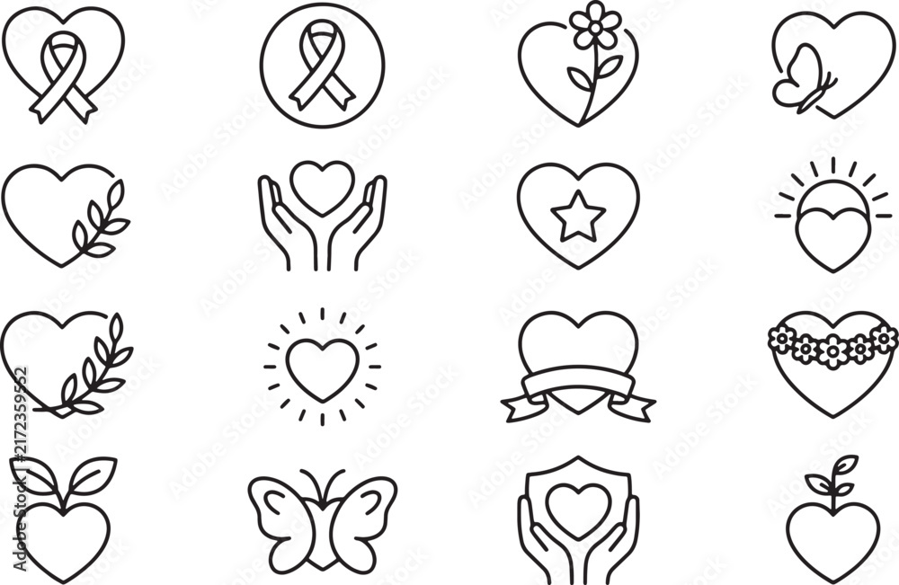 Obraz premium Set of sixteen heart icons with various decorative elements in a clean black and white line style