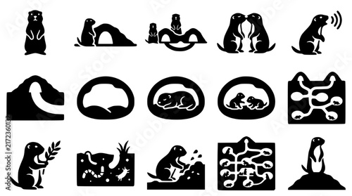 Prairie Dog Icon Set: Wildlife, Burrow, Social Interaction, Isolated