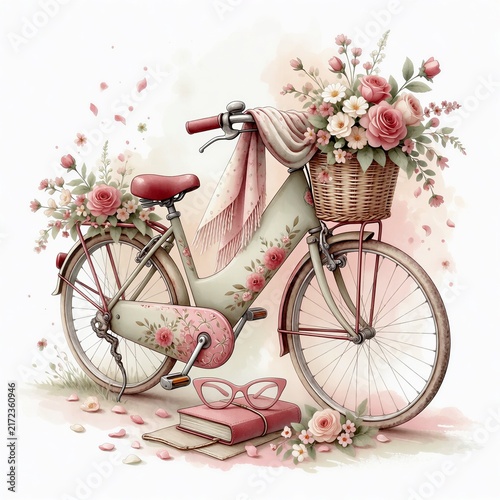 Vintage bicycle with flowers in basket and books on the ground  