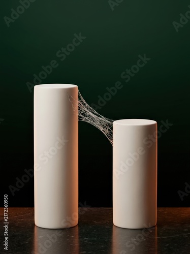 Twin bone china pedestals connected by spun sugar cobweb bridge against a dark green background with subtle lighting effects
