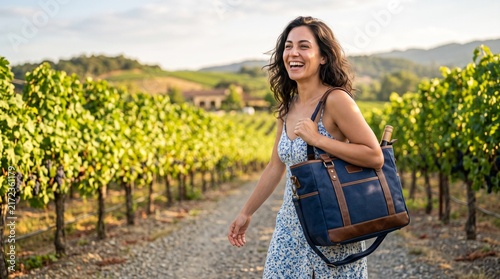 Wine cooler bag insulated, Young woman walking through vineyard path on a sunny day  