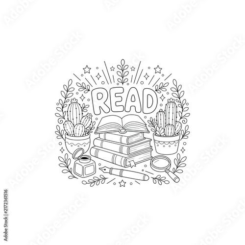 Stacked Books Inkwell Cacti Read Line Art