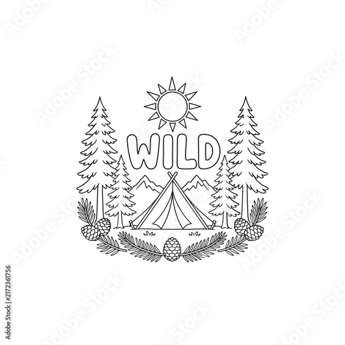 Symmetrical Camping Scene Line Art Doodle