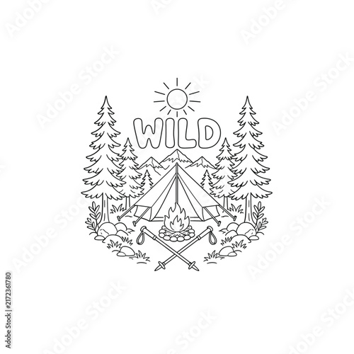 Tent Campfire Hiking Sticks Line Art