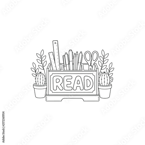 Wooden Desk Organizer Cacti Read Line Art