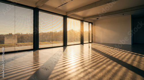 Empty modern loft interior with large windows and golden hour sun shadows