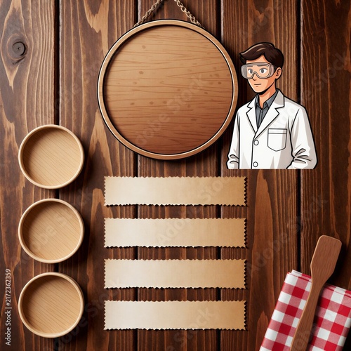 Wooden kitchen utensils and chef illustration on wooden background  