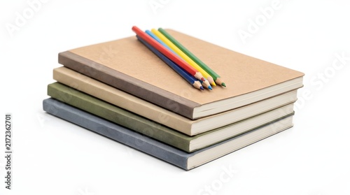 Stacked paper notebooks featuring muted fabric covers and colorful wooden pencils resting neatly on top in soft studio lighting