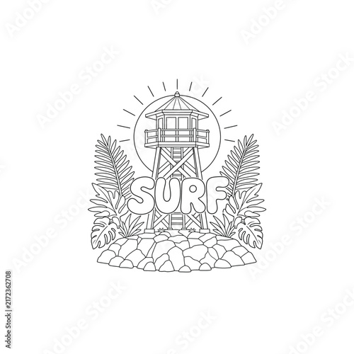 Coastal Watchtower Fern Surf Line Art