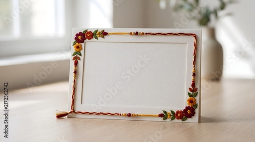 Elegant white greeting card frame decorated with vibrant colorful thread embroidery and golden beads for traditional Indian festival Raksha Bandhan