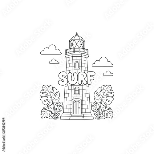 Octagonal Lighthouse Monstera Surf Line Art