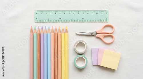 Pastel colored wooden pencils arranged neatly alongside scissors, sticky notes, washi tape rolls, and a clear ruler for creative school projects